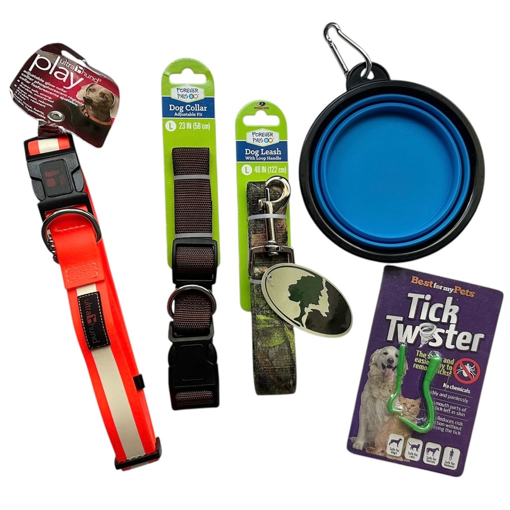 NEW Outdoorsy Hunting Dog Collar Leash L Tick Remover Travel Bowl Camo Hike